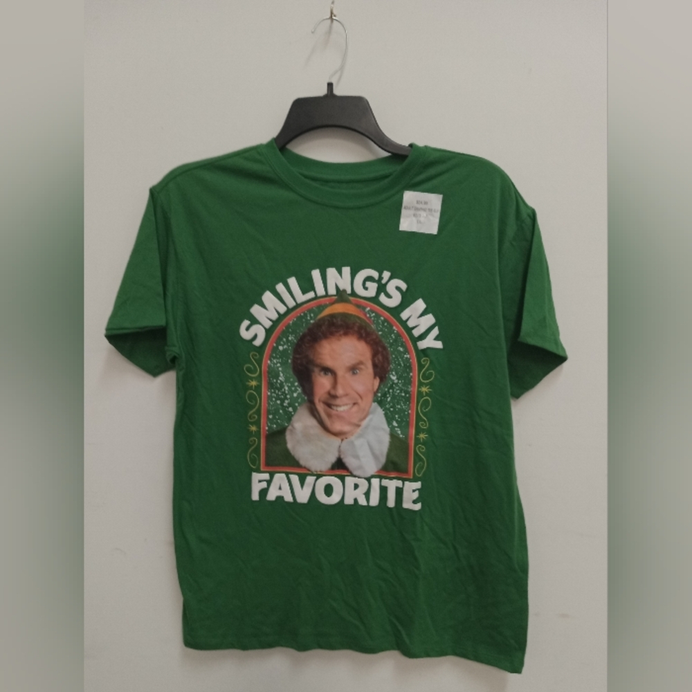 Christmas Elf  Holiday Green Graphic Tee - "Smiling's My Favorite" Crew Neck
